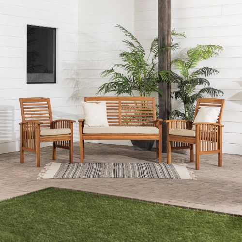 3 Piece Outdoor Loveseat & 2 Chair Set in Brown Acacia & Fabric